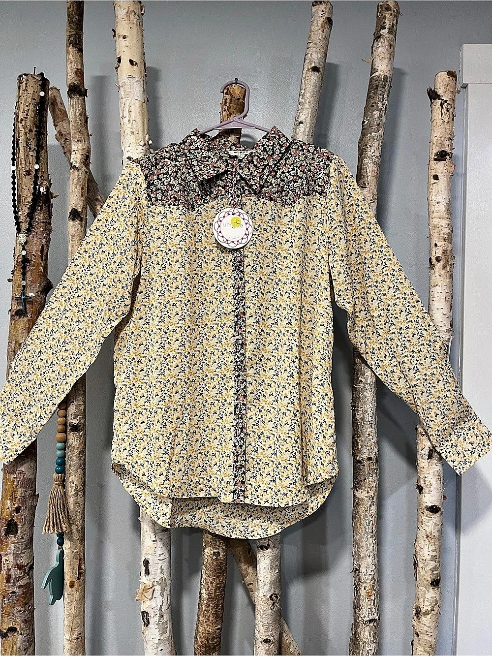 Umgee Mixed Floral Print Button Down Top Yellow & Black Small